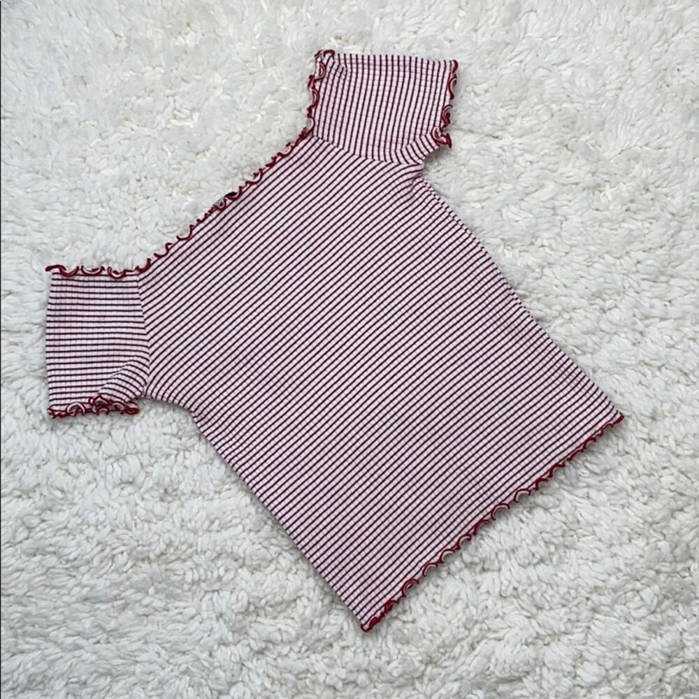 Zara Off the Shoulder Ribbed Shirt Red White Dainty Top FFS9